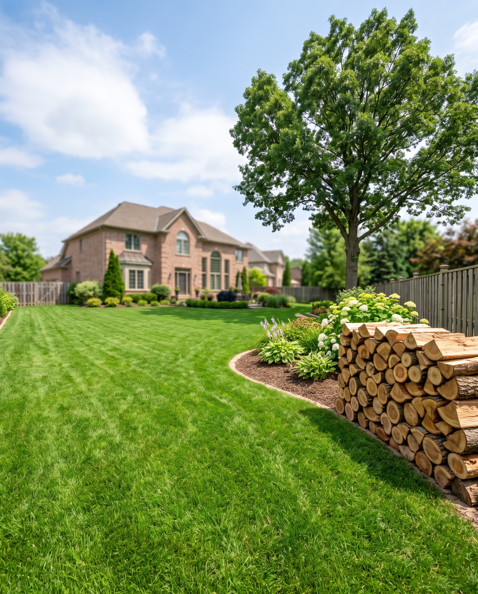 A clean residential lawn with stacked firewood after tree work, showing tidy cleanup around the property
